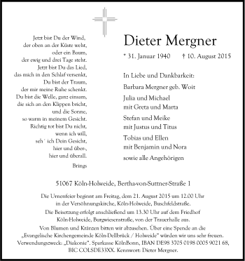 Anzeige von Dieter Mergner von Kölner Stadt-Anzeiger / Kölnische Rundschau / Express