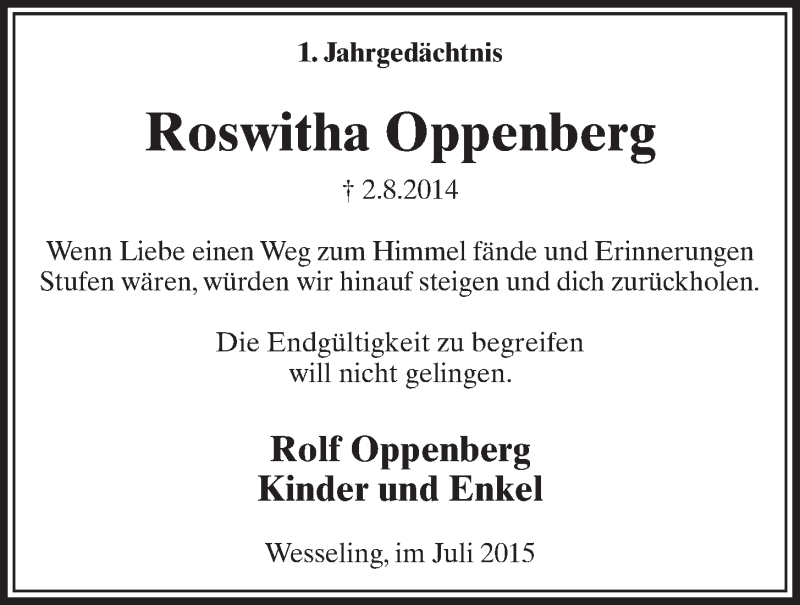 Traueranzeige für Roswitha Oppenberg vom 29.07.2015 aus  Schlossbote/Werbekurier 