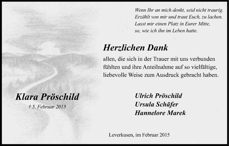  Traueranzeige für Klara Pröschild vom 25.02.2015 aus Kölner Stadt-Anzeiger / Kölnische Rundschau / Express