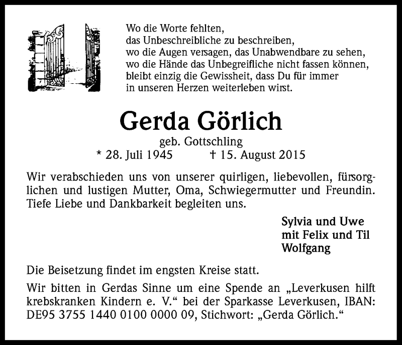  Traueranzeige für Gerda Görlich vom 22.08.2015 aus Kölner Stadt-Anzeiger / Kölnische Rundschau / Express