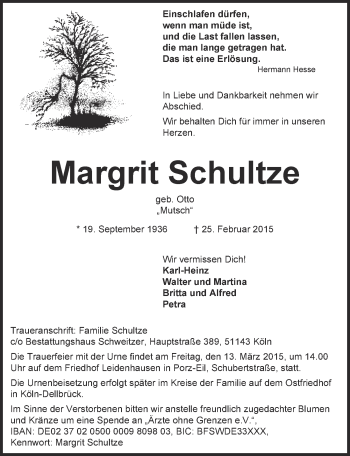 Anzeige von Margrit Schultze von  Kölner Wochenspiegel 