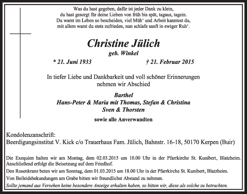  Traueranzeige für Christine Jülich vom 28.02.2015 aus  Sonntags-Post 