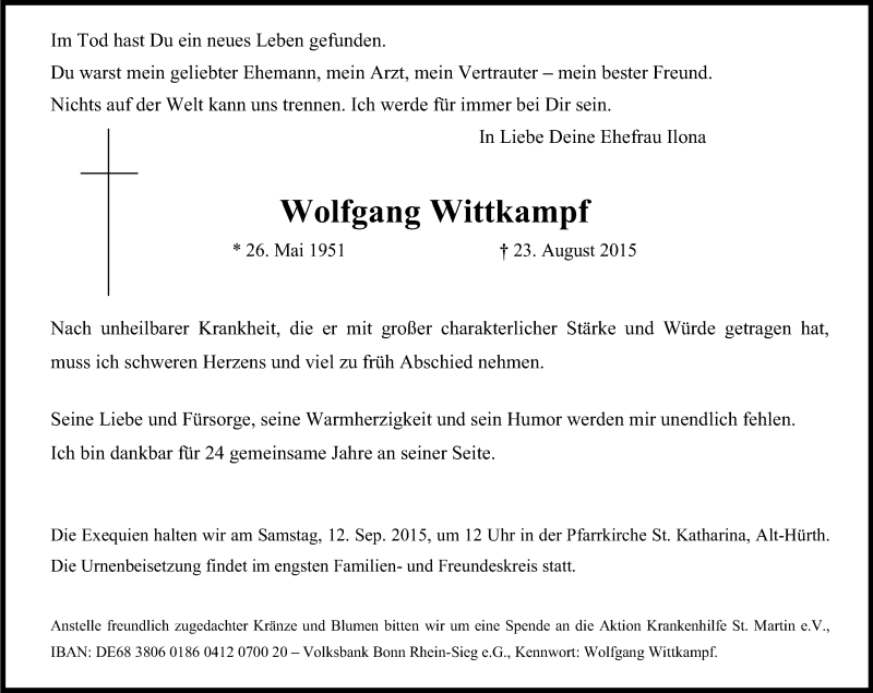  Traueranzeige für Wolfgang Wittkampf vom 05.09.2015 aus Kölner Stadt-Anzeiger / Kölnische Rundschau / Express