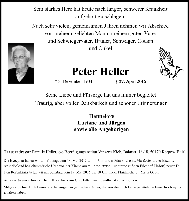  Traueranzeige für Peter Heller vom 09.05.2015 aus Kölner Stadt-Anzeiger / Kölnische Rundschau / Express