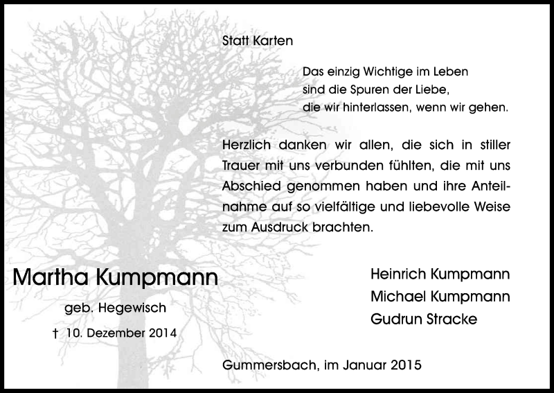  Traueranzeige für Martha Kumpmann vom 17.01.2015 aus Kölner Stadt-Anzeiger / Kölnische Rundschau / Express