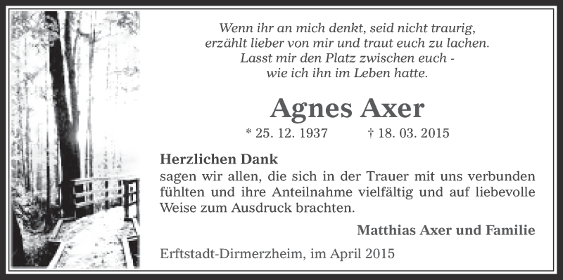  Traueranzeige für Agnes Axer vom 29.04.2015 aus  Werbepost 