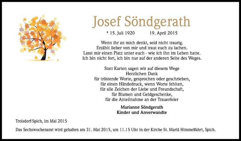 Traueranzeige für Josef Söndgerath vom 23.05.2015 aus Kölner Stadt-Anzeiger / Kölnische Rundschau / Express