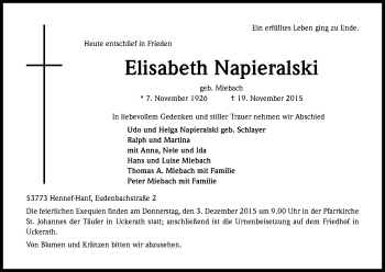 Anzeige von Elisabeth Napieralski von Kölner Stadt-Anzeiger / Kölnische Rundschau / Express