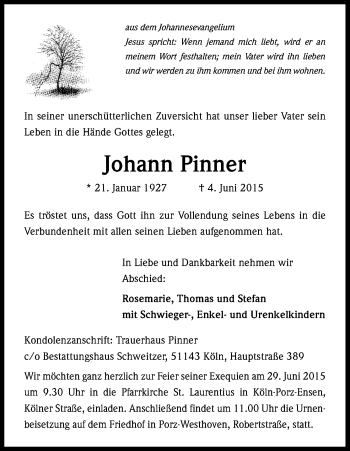Anzeige von Johann Pinner von Kölner Stadt-Anzeiger / Kölnische Rundschau / Express