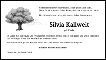 Anzeige von Silvia Kallweit von Kölner Stadt-Anzeiger / Kölnische Rundschau / Express