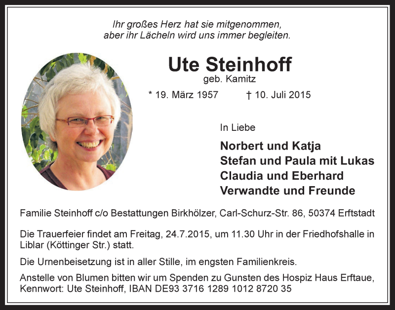  Traueranzeige für Ute Steinhoff vom 22.07.2015 aus  Werbepost 