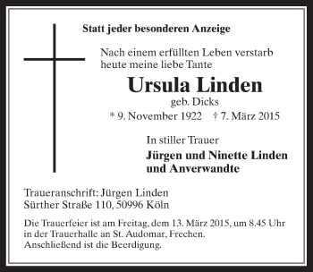 Anzeige von Ursula Linden von  Wochenende 