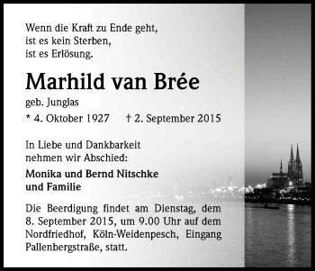 Anzeige von Marhild van Bree von Kölner Stadt-Anzeiger / Kölnische Rundschau / Express