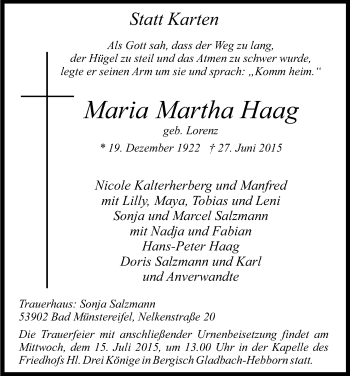 Anzeige von Maria Martha Haag von Kölner Stadt-Anzeiger / Kölnische Rundschau / Express