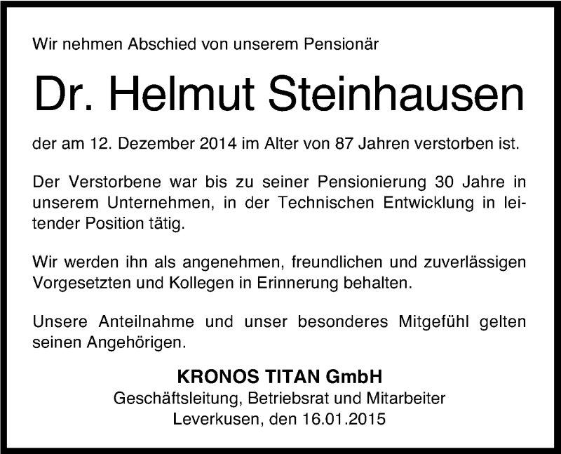  Traueranzeige für Helmut Steinhausen vom 16.01.2015 aus Kölner Stadt-Anzeiger / Kölnische Rundschau / Express