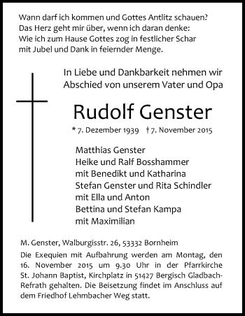 Anzeige von Rudolf Genster von Kölner Stadt-Anzeiger / Kölnische Rundschau / Express