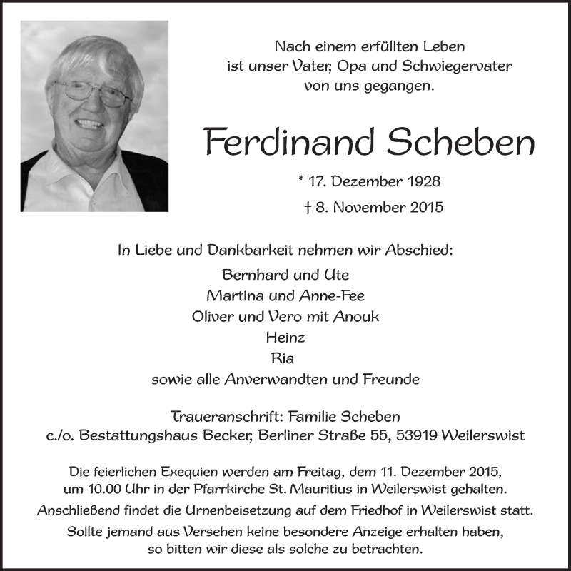  Traueranzeige für Ferdinand Scheben vom 29.11.2015 aus  Blickpunkt Euskirchen 