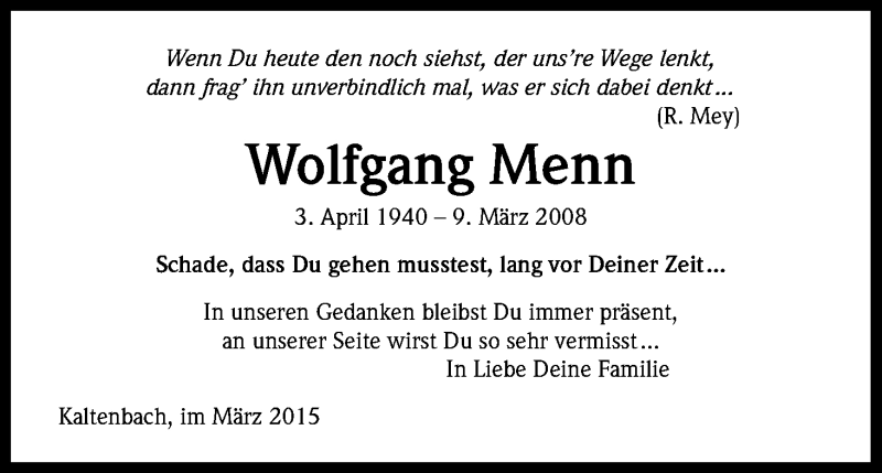  Traueranzeige für Wolfgang Menn vom 09.03.2015 aus Kölner Stadt-Anzeiger / Kölnische Rundschau / Express