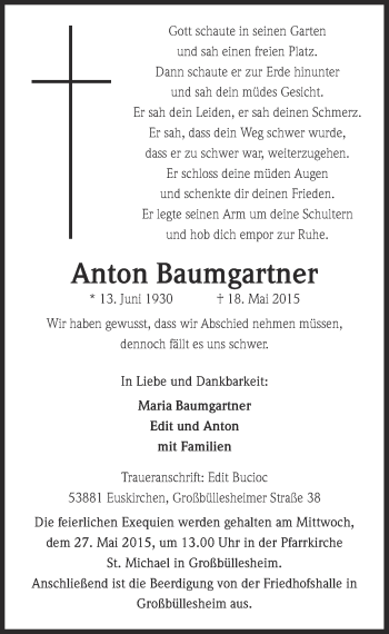 Anzeige von Anton Baumgartner von  Blickpunkt Euskirchen 