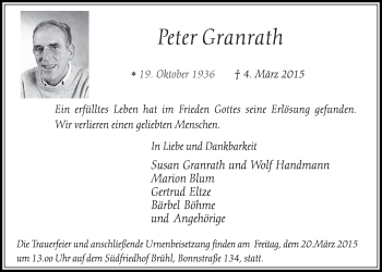 Anzeige von Peter Granrath von  Schlossbote/Werbekurier 