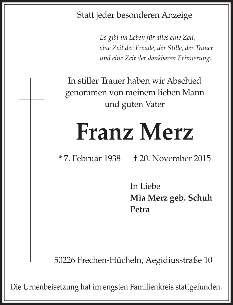  Traueranzeige für Franz Merz vom 28.11.2015 aus  Sonntags-Post 