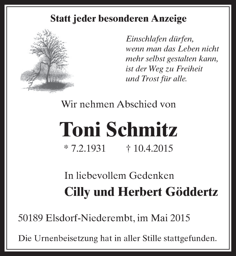  Traueranzeige für Toni Schmitz vom 06.05.2015 aus  Werbepost 