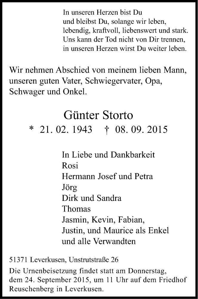  Traueranzeige für Günter Storto vom 19.09.2015 aus Kölner Stadt-Anzeiger / Kölnische Rundschau / Express