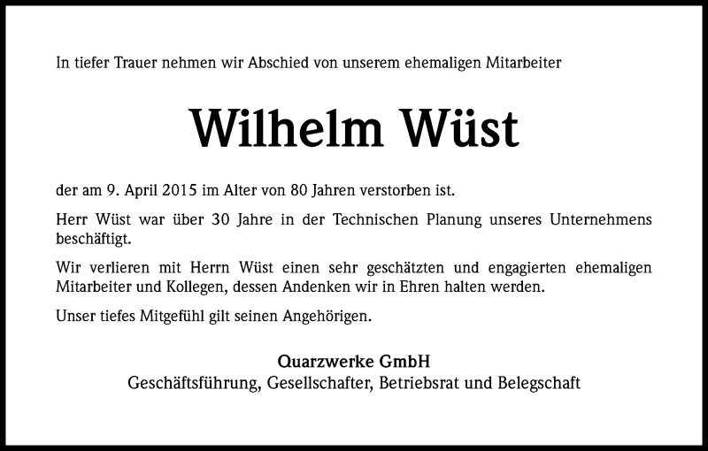  Traueranzeige für Wilhelm Wüst vom 18.04.2015 aus Kölner Stadt-Anzeiger / Kölnische Rundschau / Express