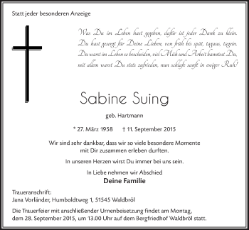 Anzeige von Sabine Suing von  Lokalanzeiger 