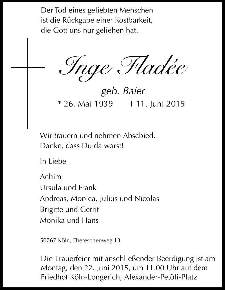  Traueranzeige für Inge Fladée vom 17.06.2015 aus Kölner Stadt-Anzeiger / Kölnische Rundschau / Express
