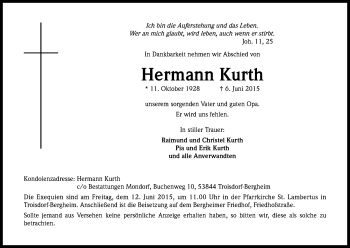 Anzeige von Hermann Kurth von Kölner Stadt-Anzeiger / Kölnische Rundschau / Express