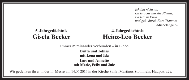  Traueranzeige für Gisela und Heinz-Leo Becker vom 10.06.2015 aus  Wochenende 