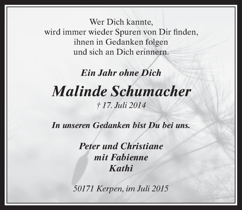  Traueranzeige für Malinde Schumacher vom 15.07.2015 aus  Werbepost 