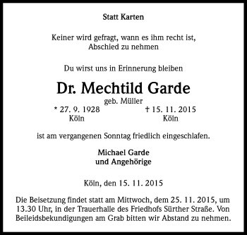 Anzeige von Mechtild Garde von Kölner Stadt-Anzeiger / Kölnische Rundschau / Express