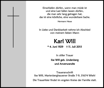 Anzeige von Karl Will von Kölner Stadt-Anzeiger / Kölnische Rundschau / Express