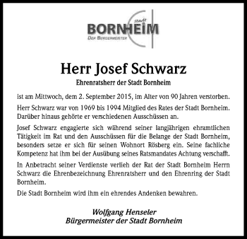 Anzeige von Josef Schwarz von Kölner Stadt-Anzeiger / Kölnische Rundschau / Express