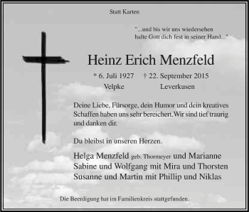 Anzeige von Heinz Erich Menzfeld von Kölner Stadt-Anzeiger / Kölnische Rundschau / Express