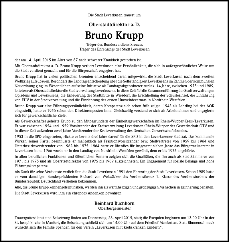  Traueranzeige für Bruno Krupp vom 18.04.2015 aus Kölner Stadt-Anzeiger / Kölnische Rundschau / Express