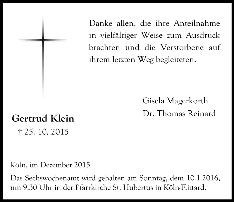  Traueranzeige für Gertrud Klein vom 12.12.2015 aus Kölner Stadt-Anzeiger / Kölnische Rundschau / Express