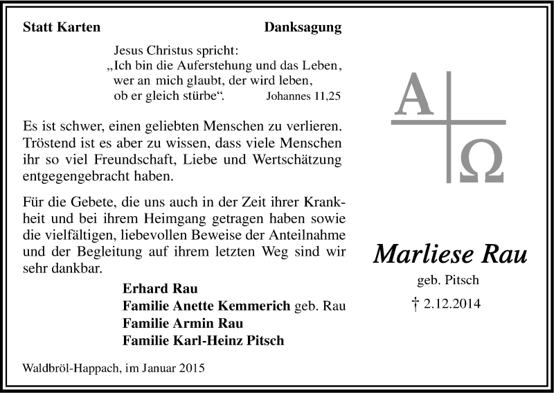 Traueranzeige für Marliese Rau vom 24.01.2015 aus Kölner Stadt-Anzeiger / Kölnische Rundschau / Express