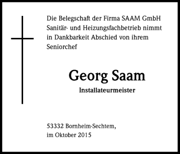 Anzeige von Georg Saam von Kölner Stadt-Anzeiger / Kölnische Rundschau / Express