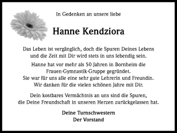 Anzeige von Hannelore Kendziora von Kölner Stadt-Anzeiger / Kölnische Rundschau / Express
