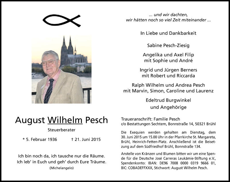 Traueranzeige für August Wilhelm Pesch vom 24.06.2015 aus Kölner Stadt-Anzeiger / Kölnische Rundschau / Express