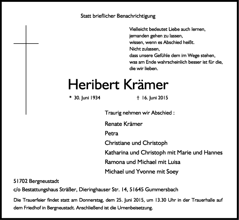  Traueranzeige für Heribert Krämer vom 20.06.2015 aus Kölner Stadt-Anzeiger / Kölnische Rundschau / Express