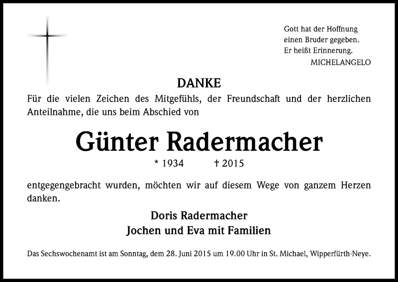  Traueranzeige für Günter Radermacher vom 27.06.2015 aus Kölner Stadt-Anzeiger / Kölnische Rundschau / Express