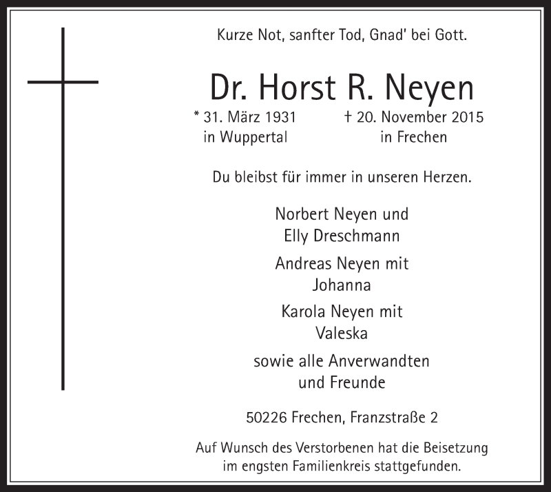  Traueranzeige für Horst R. Neyen vom 02.12.2015 aus  Wochenende 
