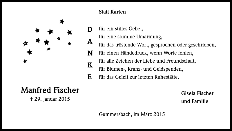  Traueranzeige für Manfred Fischer vom 07.03.2015 aus Kölner Stadt-Anzeiger / Kölnische Rundschau / Express