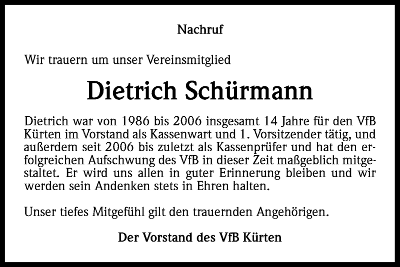  Traueranzeige für Dietrich Schürmann vom 01.08.2015 aus Kölner Stadt-Anzeiger / Kölnische Rundschau / Express