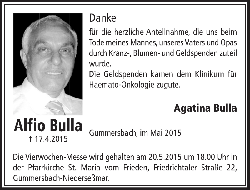  Traueranzeige für Alfio Bulla vom 13.05.2015 aus  Anzeigen Echo 