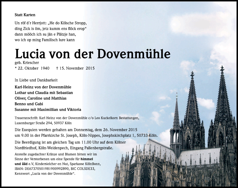  Traueranzeige für Lucia von der Dovenmühle vom 21.11.2015 aus Kölner Stadt-Anzeiger / Kölnische Rundschau / Express